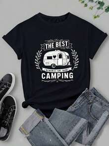 Camiseta básica casual, camiseta de manga corta y cuello redondo casual con estampados, muy adecuada para verano y primavera, diseño de camiseta para mujer - Negro - Ver 2