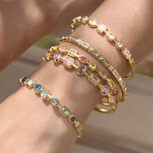 S SHOPBOHO 1pc Stainless Steel White Rectangular Cubic Zirconia Round Rhinestone Luxury Jewelry Bracelet For Women, 18K Gold Plated, Stackable Gemstone Bracelet - Bracelet - View 4
