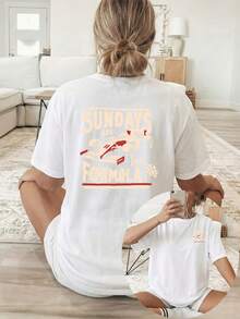 [Double-Sided Print] Women T-Shirt, Racing Cars "SUNDAYS ARE For FORMULA" Text, Casual Summer Short Sleeve Tee, High Quality - Sky Blue - View 7