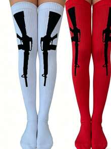 Unisex Solid Color Minimalist Streetwear Thigh High Socks, Mysterious Party Celebration Striped Knee-High Socks - Black and White - View 17