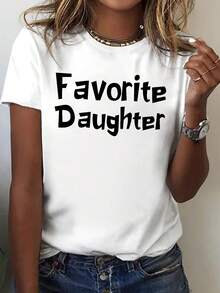 Camiseta de algodón de manga corta para mujer con estampado de texto "Hija Favorita", camiseta de manga corta con cuello redondo, top casual para verano y primavera, ropa de mujer. - Blanco - Ver 6