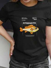 Camiseta Casual Elegante Camiseta Negra para Mujer con un Gráfico de Pez de Dibujos Animados Colorido y la Palabra Inspiradora FUERZA Impresa en Ella 100% Algodón Resistente - Negro - Ver 1