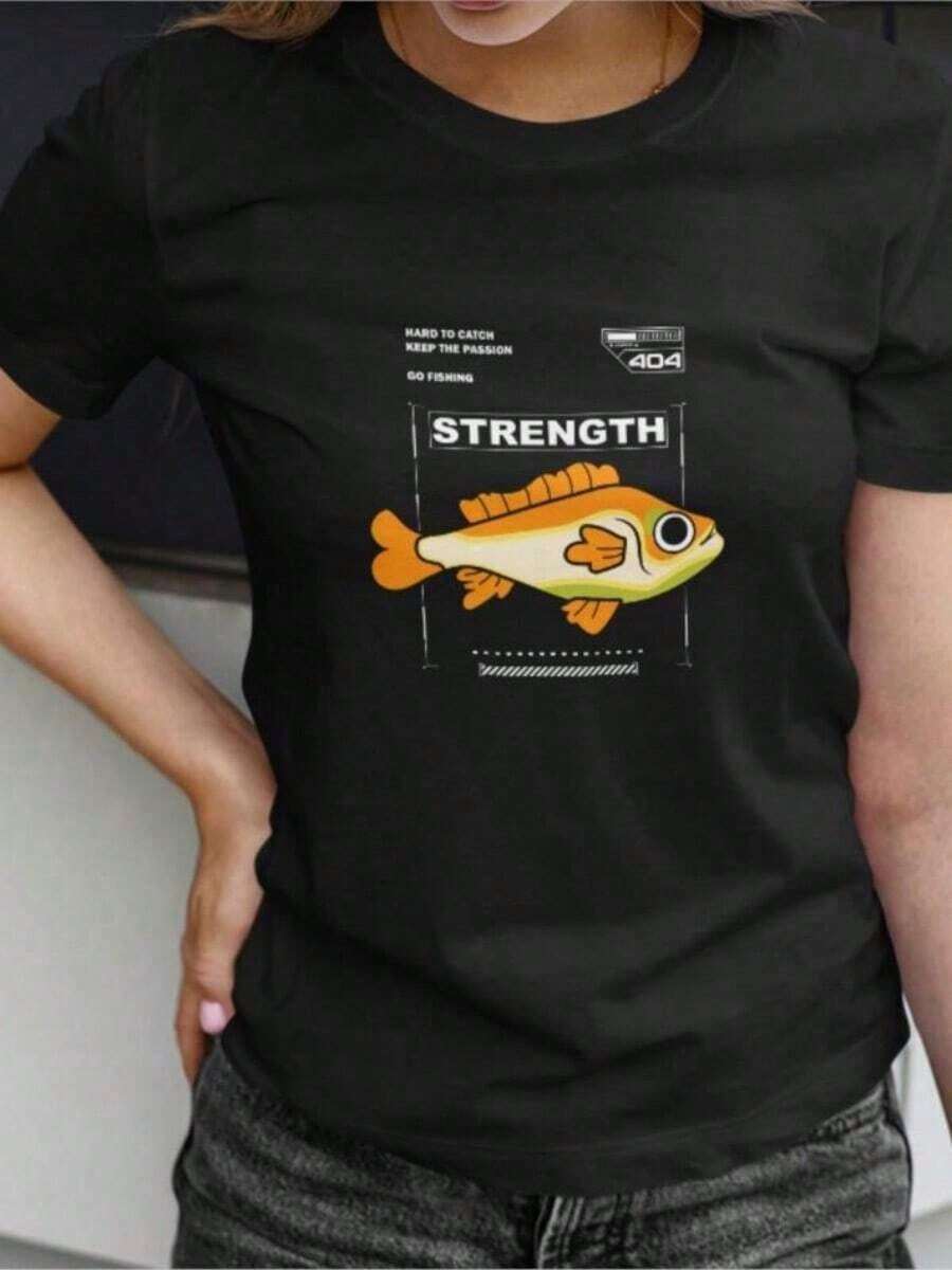 Camiseta Casual Elegante Camiseta Negra para Mujer con un Gráfico de Pez de Dibujos Animados Colorido y la Palabra Inspiradora FUERZA Impresa en Ella 100% Algodón Resistente - Negro - Ver 1