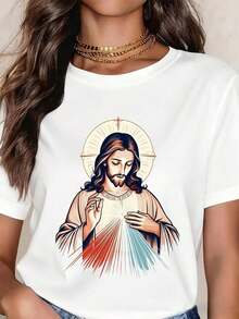White T-Shirt With Religious Print Of The Sacred Heart Of Jesus Christ, Christian Faith Gift For Easter And Christmas - Vintage Urban Style, Unisex, Cotton, Short Sleeve, Round Neck, Women's T-Shirts, Women's Tops, Casual Blouses For Ladies. - 白色 - 查看 1