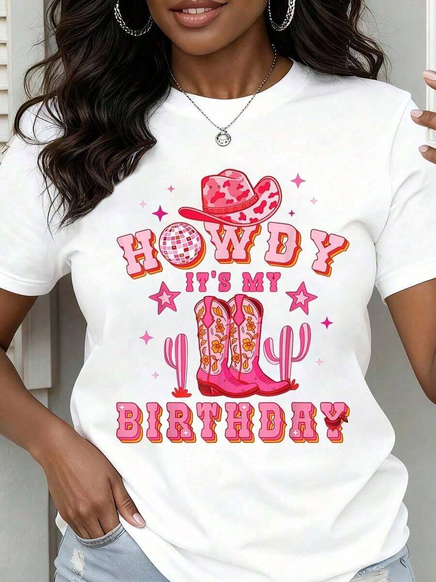 Camiseta de cuello redondo para mujer con estampado de sombrero de vaquero rosa, botas y cactus, manga corta, informal, para fiestas y celebraciones. - Blanco - Ver 1