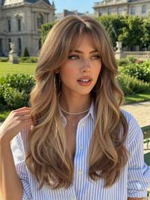 24 Inch Long Wavy Dark Brown Wig With Bangs Light Highlights Synthetic Wig, Natural-Looking Hairpiece For Women Perfect Daily Wear, Party & Fashion Styling - 漸層棕色 - 查看 1