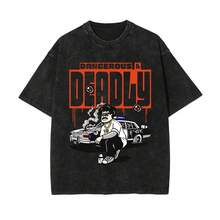 1 pieza Camiseta de manga corta de cuello redondo oversize unisex desgastada y lavada, 100% algodón pesado de 220g, diseñada por artistas Y2K estilo americano vintage, estampado gráfico de nombres de ciudades, ideal para uso diario, conciertos y festivales - Negro - Ver 1