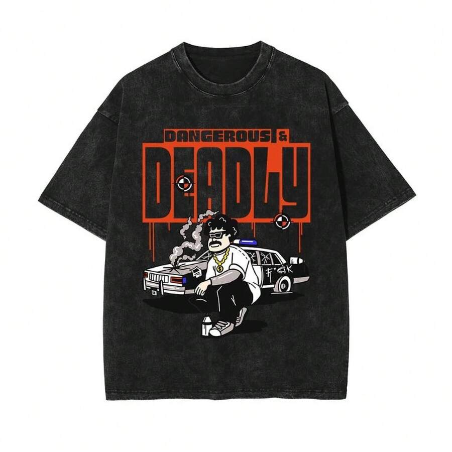 1 pieza Camiseta de manga corta de cuello redondo oversize unisex desgastada y lavada, 100% algodón pesado de 220g, diseñada por artistas Y2K estilo americano vintage, estampado gráfico de nombres de ciudades, ideal para uso diario, conciertos y festivales - Negro - Ver 1