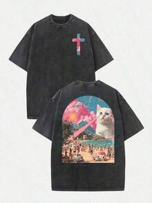 1 pieza Camiseta de manga corta de cuello redondo oversize unisex desgastada y lavada, 100% algodón pesado de 220g, diseñada por artistas Y2K estilo americano vintage, estampado gráfico de nombres de ciudades, ideal para uso diario, conciertos y festivales - Negro - Ver 6