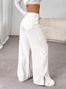 Unity Pantalones largos rectos y sueltos de mujer con abertura lateral, de tela de pana, para otoño/invierno - Blanco - Ver 2
