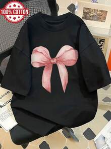 Camiseta de Mujer, Top Casual de Verano para Mujer, Estilo Acuarela, Estampado de Lazo, Cuello Redondo, Manga Corta, Hombros Caídos, Algodón Puro, Camiseta Oversize [LangK] Tops para Mujer - Negro - Ver 7