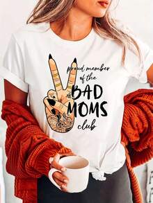 Bad Moms Club Women's Cotton T-Shirt - "Proud Member" Graphic Print With Peace Symbol And Tattoo Design, Short Sleeve, Crew Neck, Casual Style, Machine Washable, Regular Fit, For Summer And Spring, Women's T-Shirts, Spring Clothing, Relaxed Style, Semi-Sheer T-Shirt Y2k - 白色 - 查看 10