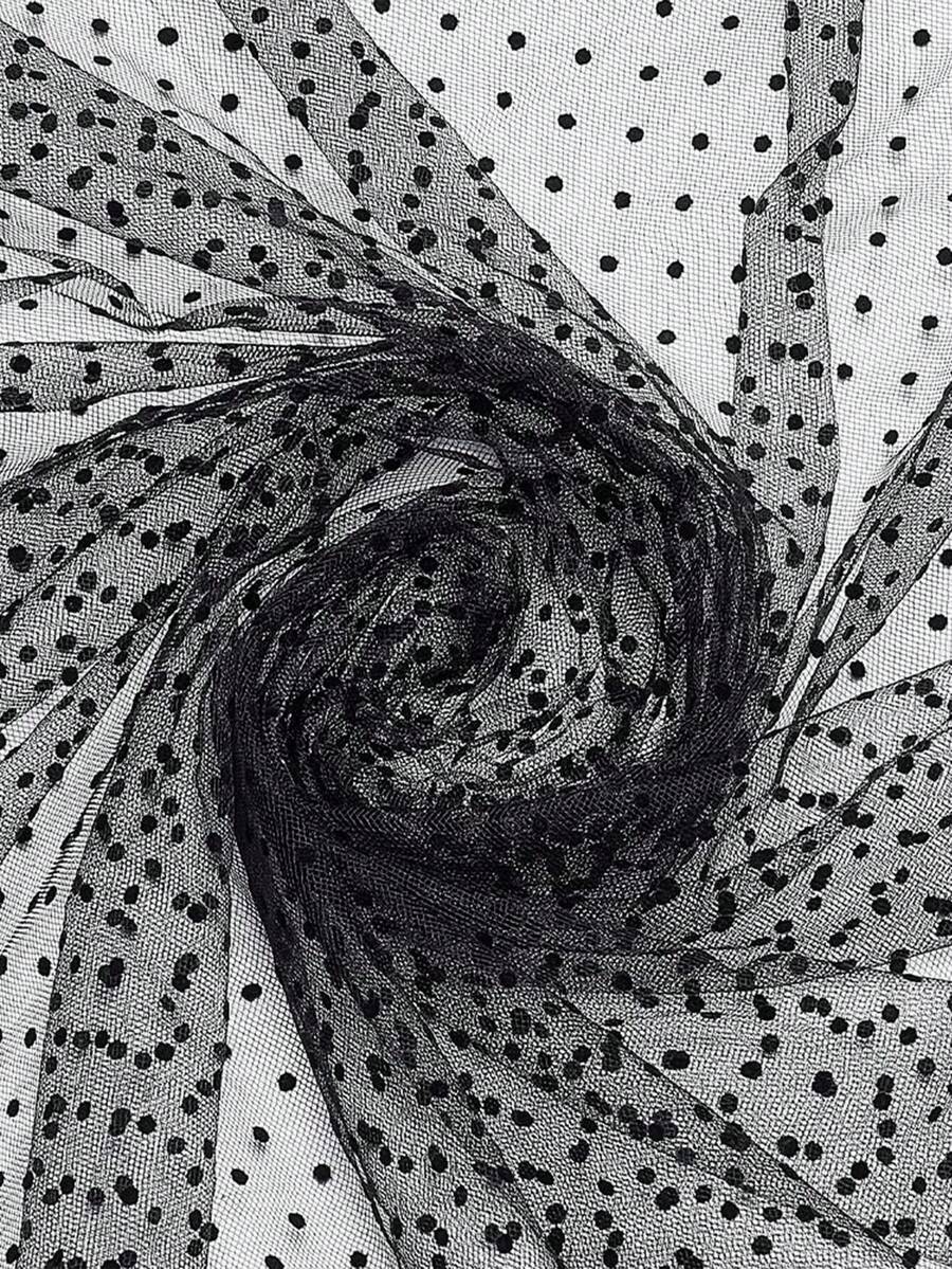 1pc White & Black Polka Dot Sheer Fabric, Dot Flocked Mesh Fabric, Bridal Wedding Lace Fabric For Dress, Gown, Sewing, Home Decor - Black - View 1