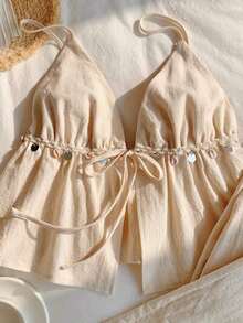 2 piezas Conjunto casual de vacaciones con rayas tejidas amarillas para mujer, /verano - Albaricoque - Ver 4