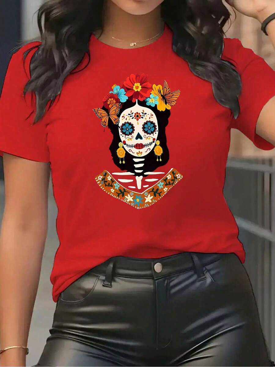 Versatile Women's T-Shirt With A Day Of The Dead Catrina Print, Short Sleeves And Round Neck, In Red, With Colorful Catrina Skulls, Flowers, Butterflies And Traditional Patterns, Perfect For Casual Wear And Cultural Celebrations. - 紅色 - 查看 1