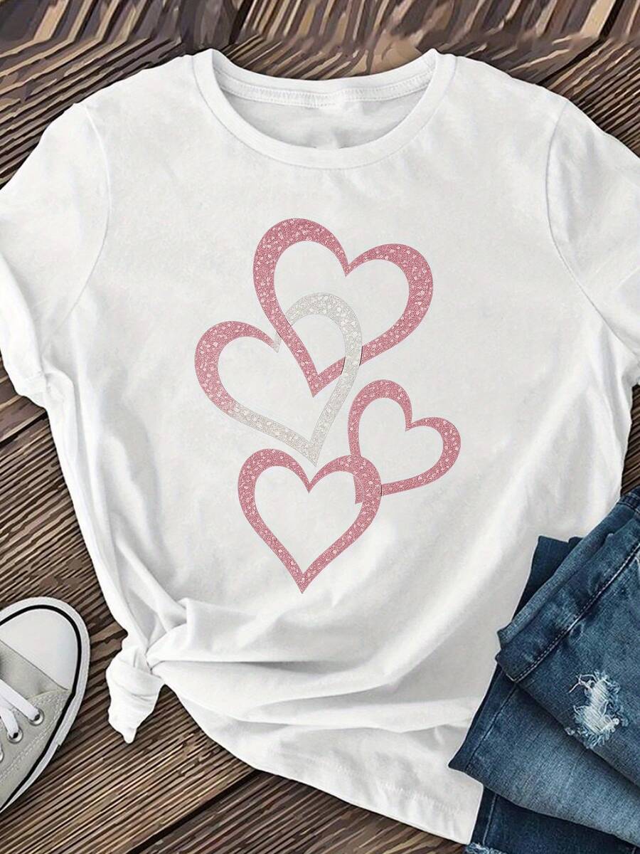 Ropa de verano para damas que incluye una camiseta de manga corta con cuello redondo y diseño en forma de corazón - Camiseta unisex de estilo vintage urbano, holgada, de algodón, de manga corta y cuello redondo. - Blanco - Ver 1