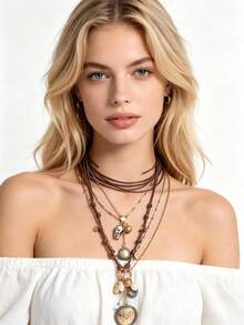 Vintage Multi-Layer Mixed Craft Women Necklace, Leather Cord Metal Chain With Coin & Pearl Pendant - Multicolor - View 1