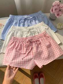 3 pantalones cortos sueltos y casuales con cintura de atar para mujer - Rosa - Ver 8