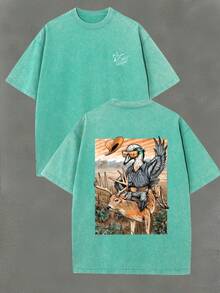 New Summer 2026 Collection Western-Style Fun Illustration Men's Washed Cotton Short-Sleeve T-Shirt Top, 100% Pure Cotton 220 Grams, Double-Sided Printed Pattern, Vintage Street Style, Summer Outfits For Women, Vacation Outfits For Women, 4th Of July Outfit For Women - 綠寶石 - 查看 12