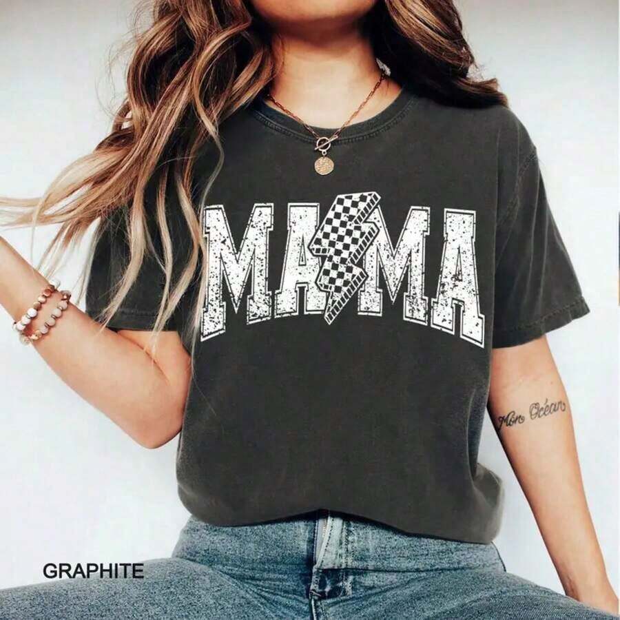 100% Cotton Plaid T-Shirt With "Lightning Mama" Print - Distressed Graphic Design T-Shirt, Loose Fit Cotton, Casual, Gift For Mom, Mother's Day - Unisex For Women And Men, Everyday Campus Wear - 黑色 - 查看 1