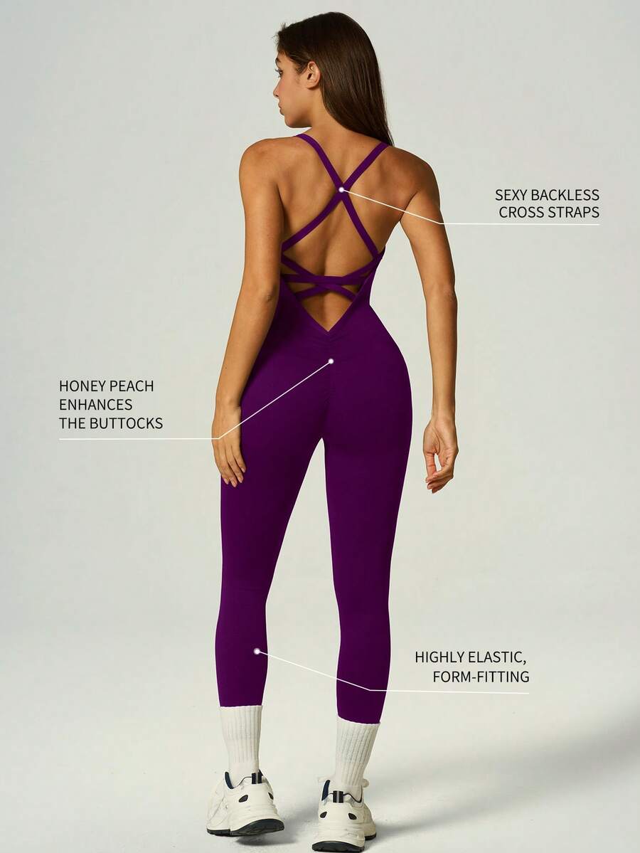 UONNOU Pfirsichfarbener Po-lifting Workout Jumpsuit, V-Ausschnitt Kreuzrücken rückenfrei Yoga Jumpsuit Sport Sommer