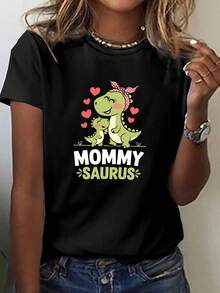 Camiseta con Estampado de Dragón "Heartfelt Mom", Manga Corta, Cuello Redondo, Estilo Casual, Ropa de Mujer para Primavera/Verano, Camiseta de Algodón Puro con Estampado para Damas - Negro - Ver 7