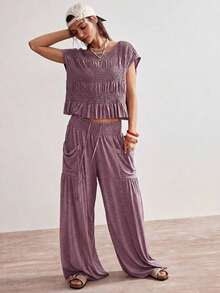 BohoFeels Set de 2 piezas: Camiseta de punto holgada de cuello redondo de unicolor y pantalones anchos de cintura alta para mujer - Púrpura polvoriento - Ver 6