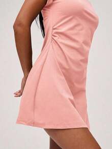 Vestido mini casual de mujer de punto de unicolor con cuello redondo, manga corta y cordón lateral - Rosa - Ver 7