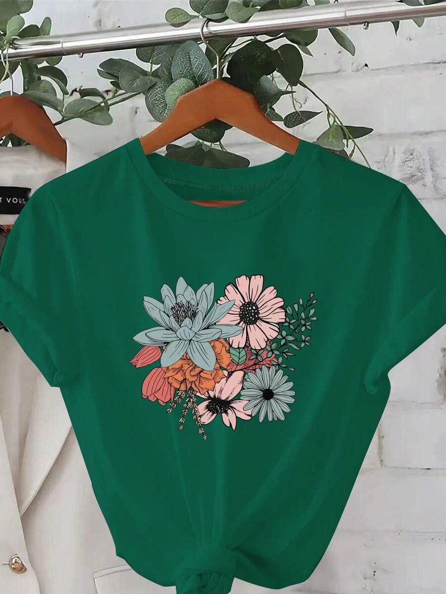 Plus Size - Plus Size - Fashionable Short Sleeve Crew Neck Printed T-Shirt, Plus Size Women's Clothing, Women's Clothing - 綠色 - 查看 1