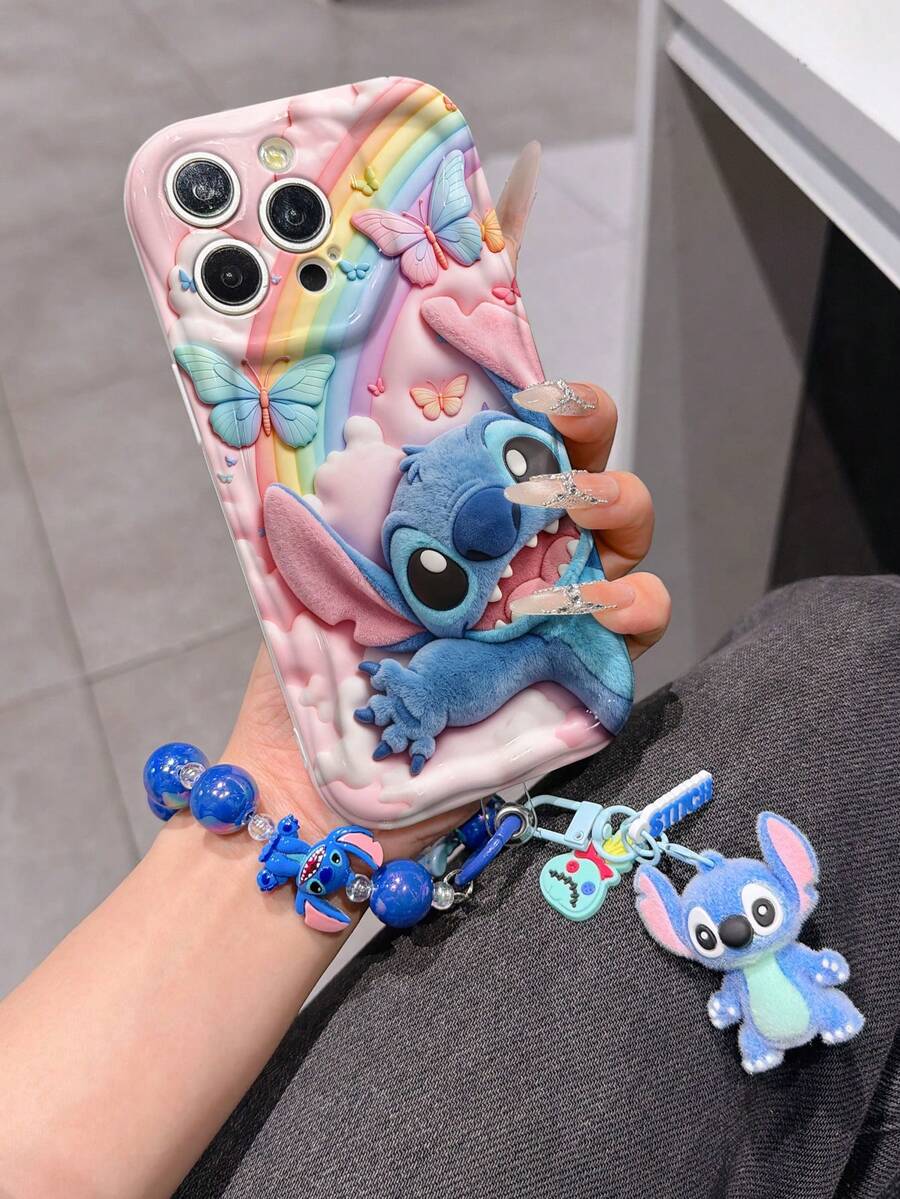Disney Has Authorized, Phone Case - Chain Set, The Stitch Lilo & Stitch 3D Phone Case Plus A Silicone 3D Stitch Bracelet With Metallic Ring Removable Bracelet, Stitch And Angel Pattern, Compatible With Iphone17/16/15/14/13/12/11/XS/XR/X Plus Pro Max, A Stylish Cartoon Phone Case, The Perfect Gift Choice, Phone Protection, Durable Phone Cover, Great Gift For Friends And Family. - 白色 - 查看 1