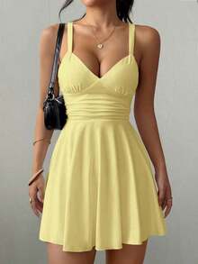 Vestido corto de punto sexy y elegante con escote en V, cintura fruncida y tirantes finos para mujer - amarillo ganso - Ver 4