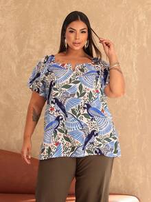 Women's Plus Size  Blouse - Estampado azul tropical - Ver 3