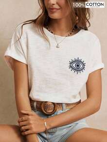1 Piece Casual Fashion For Men And Women  100% Cotton T-Shirt With Symbolic Eye Pattern Embroidery, Essential White, Summer, Wedding Season Essential, Short Sleeve Cottagecore Style Embroidered T-Shirt, Elegant Casual Style, Versatile, Easy To Match, For Daily Wear, Urban Style, Holiday Wear, Weekend Wear - 藍白 - 查看 1