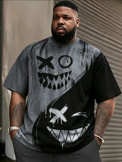 Camiseta de calle punk con gráfico de cara sonriente dividida en negro y gris para hombres de talla grande