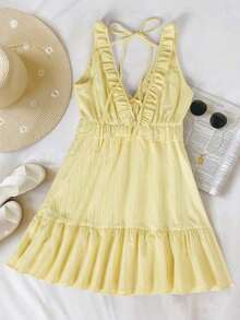 Vestido mini de mujer de color amarillo liso con volantes en los tirantes, de estilo casual de vacaciones, para verano - Multicolor - Ver 2