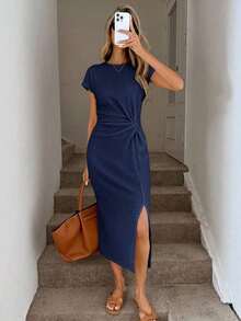 Vestido midi casual de mujer con estampado de lunares, cintura retorcida y abertura alta sin mangas; Vestido ajustado texturizado casual de mujer; Conjunto de fitness de mujer; Vestido de invitada de boda de mujer; Atuendo de oficina de mujer - Azul - Ver 7