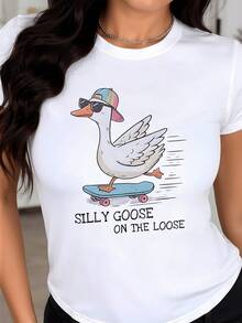 Funny Goose With Sunglasses And Colorful Cap Riding A Skateboard Conveying Freedom And Playful Humor; Comfortable And Modern Casual Women's T-Shirt - 白色 - 查看 8