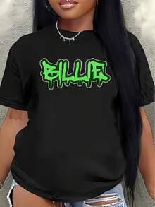 Unisex Short-Sleeved T-Shirt, Lightweight And Durable. Short-Sleeved T-Shirt Made Of [Material Not Specified] With Outstanding Features. Green BILLIE Graphic. Perfect For Casual Wear At Home, In Restaurants, Or Outdoors. Offers A Comfortable Fit For Everyday Use. Men's T-Shirts, , ,  Women's, Romwemen, Bohochic, Teachers Gifts, T-Shirt For Curvy Women's Sets, For Mu, Y2k, - 黑色 - 查看 1