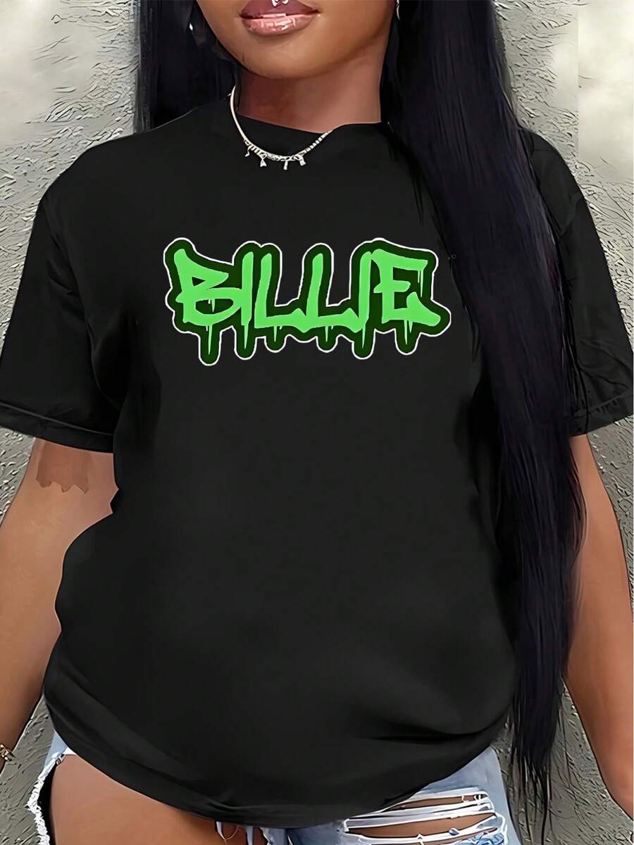 Unisex Short-Sleeved T-Shirt, Lightweight And Durable. Short-Sleeved T-Shirt Made Of [Material Not Specified] With Outstanding Features. Green BILLIE Graphic. Perfect For Casual Wear At Home, In Restaurants, Or Outdoors. Offers A Comfortable Fit For Everyday Use. Men's T-Shirts, , ,  Women's, Romwemen, Bohochic, Teachers Gifts, T-Shirt For Curvy Women's Sets, For Mu, Y2k, - 黑色 - 查看 1