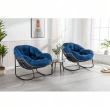Outdoor Rattan Rocking Chair,Padded Cushion Rocker Recliner Chair Outdoor For Front Porch, Living Room, Patio, Garden, Navy Blue - Navy Blue - View 2