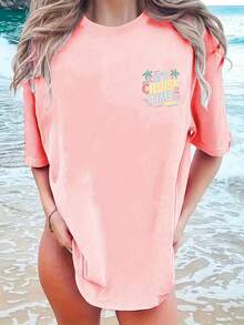 Women's Short-Sleeved T-Shirt With Round Neck, Front And Back Holiday Print, Casual Style For Spring/Summer, Comfortable And Versatile - 粉紅色 - 查看 2