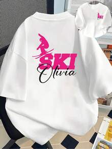 Camiseta Gráfica de Esquí para Mujer - Camiseta de Cuello Redondo con Diseño de Esquí Rosa, Camiseta Casual para Todas las Temporadas para Esquiar, Estilo Y2k - Negro - Ver 1