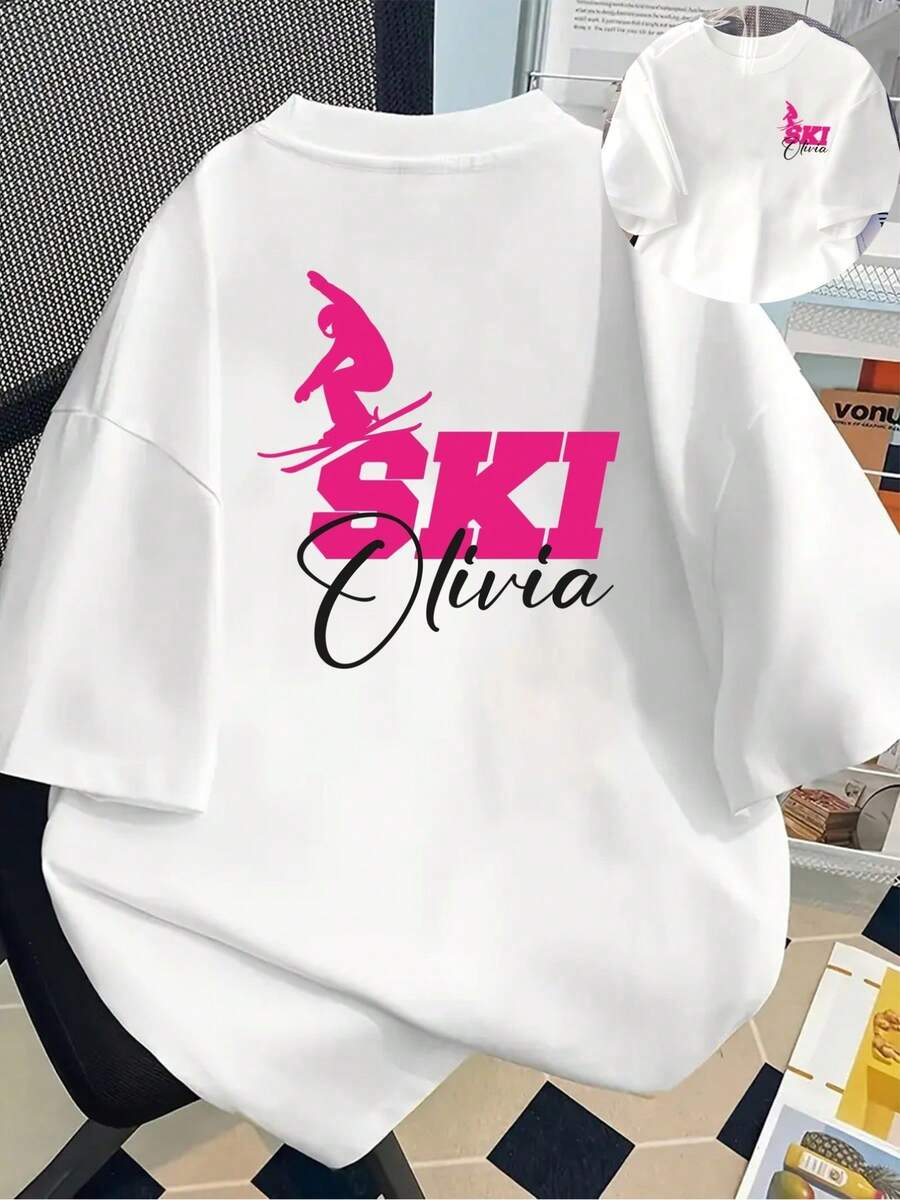 Camiseta Gráfica de Esquí para Mujer - Camiseta de Cuello Redondo con Diseño de Esquí Rosa, Camiseta Casual para Todas las Temporadas para Esquiar, Estilo Y2k - Negro - Ver 1