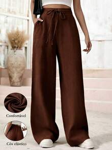 Women's Linen Palazzo Pants, Adjustable Waist With Drawstring, Side Pockets, Casual And Breathable For Vacations - 棕色 - 查看 1