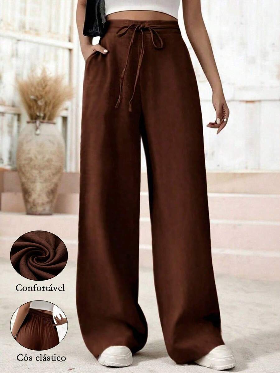 Women's Linen Palazzo Pants, Adjustable Waist With Drawstring, Side Pockets, Casual And Breathable For Vacations - 棕色 - 查看 1