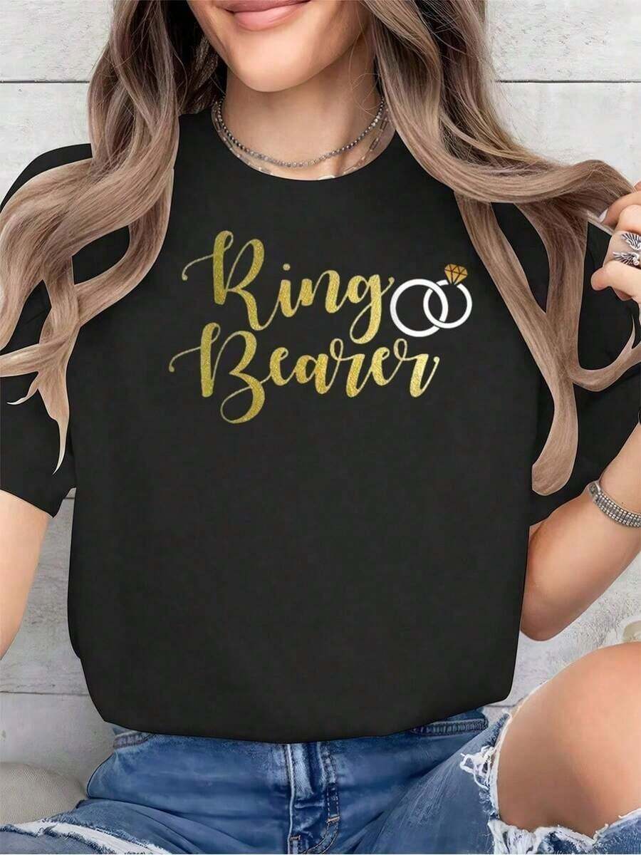 Algodón Camiseta De Portador De Anillos, Regalo De Boda Para Novios, Camiseta De Cuello Redondo Estampada Para Verano, Camiseta Suave De Manga Corta Para Mujer, Camiseta Elegante Y Cómoda Para Mujer, Camisetas Gráficas. -Vintage Street Style Unisex Loose Cotton Short Sleeve Crew Neck T-Shirtblusas para mujer, playeras de mujer,blusas casuales para dama, - Negro - Ver 1