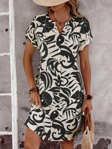 Vestido corto de mujer de un solo pecho con cuello muescado de estampado completo, estilo de vacaciones de verano - Negro - Ver 4