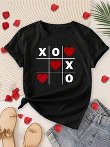 Regalo de San Valentín: Camiseta elegante de manga corta para mujer con estampado de cuadrícula en forma de corazón XO y cuello redondo. Adecuada para primavera, verano y otoño. Moderna para ir al trabajo, vacaciones, uso diario, versátil, casual, elegante, de estilo retro, disponible en tallas S-XXL. - Negro - Ver 6