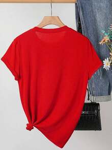 Camiseta de manga corta de lujo para fiestas de los 80, de tela, ligera y duradera, con diseño "I Love 80s" con colores neón y estampado de gafas de moda, perfecta para uso casual en casa, restaurantes o eventos festivos. - Rojo - Ver 2