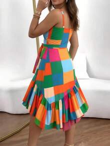 Vestido primavera estilo europeo cuello V estampado con volantes elegante y de moda para mujer - Azul lavado medio - Ver 6